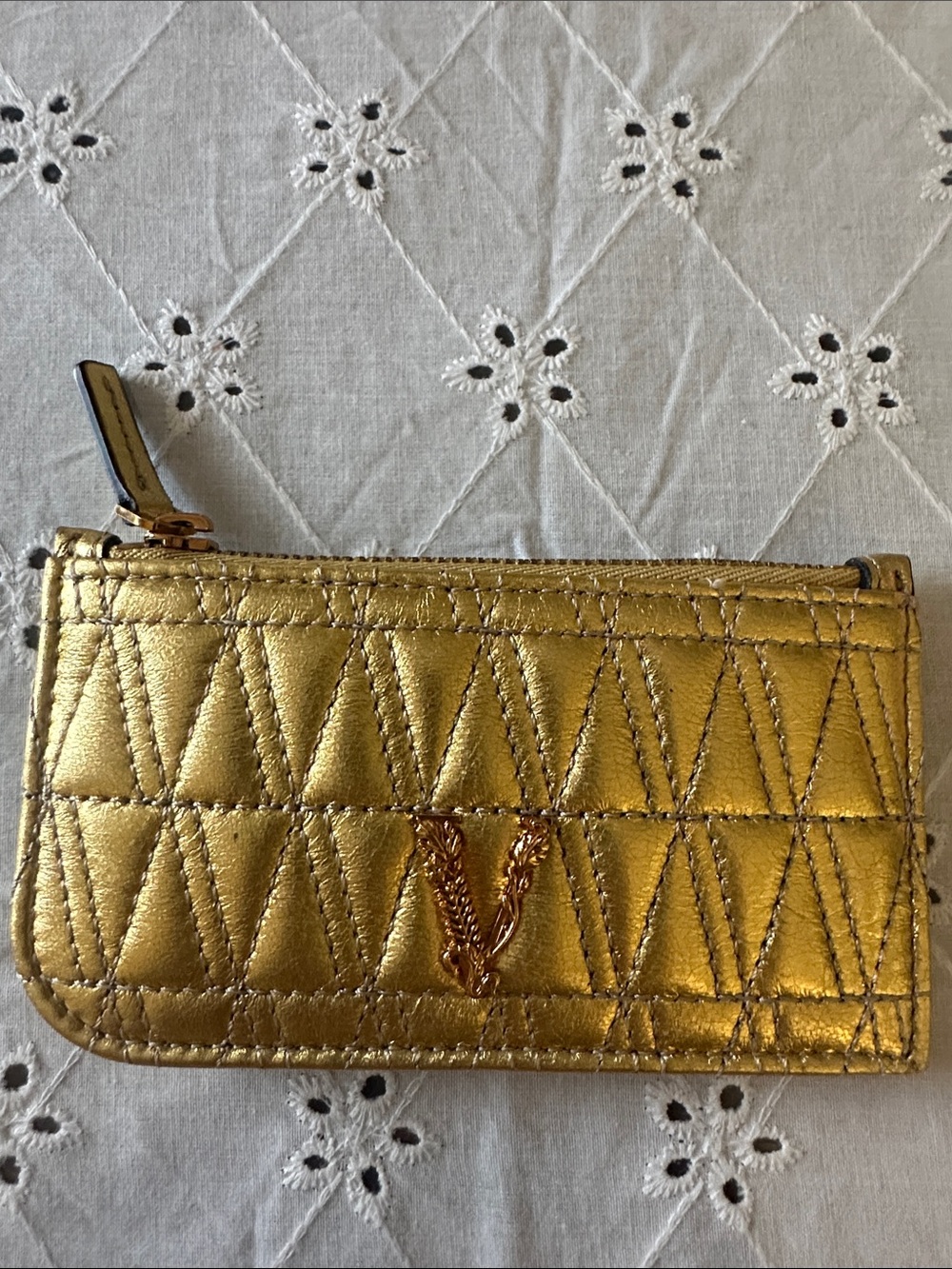 Versace Metallic Gold Quilted Leather Zip Pouch Wallet/card holder, Keychain